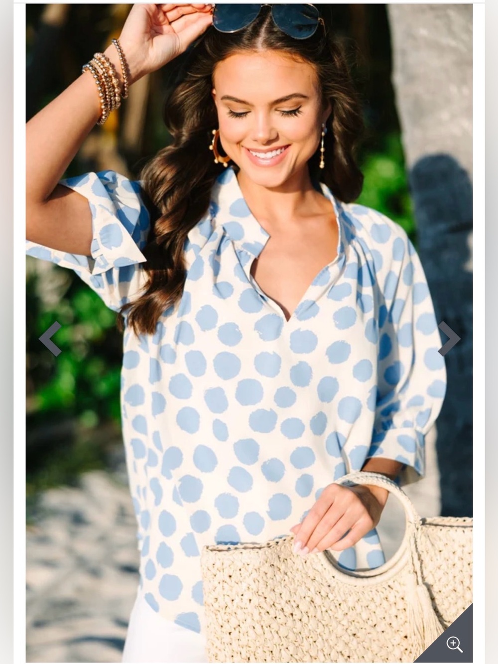 True Self Blue Polka Dot Blouse Tunic Size Large